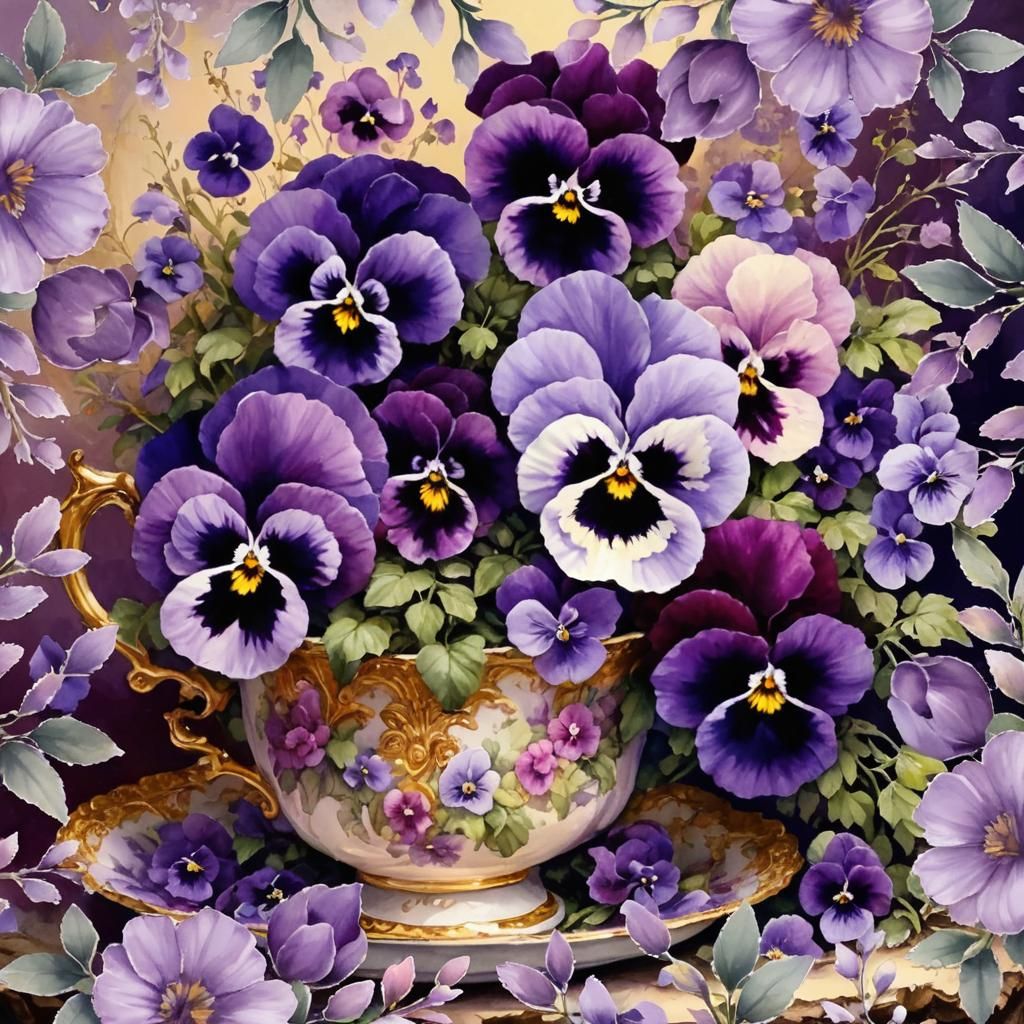 Teacup and Purple Pansies in Spring Light