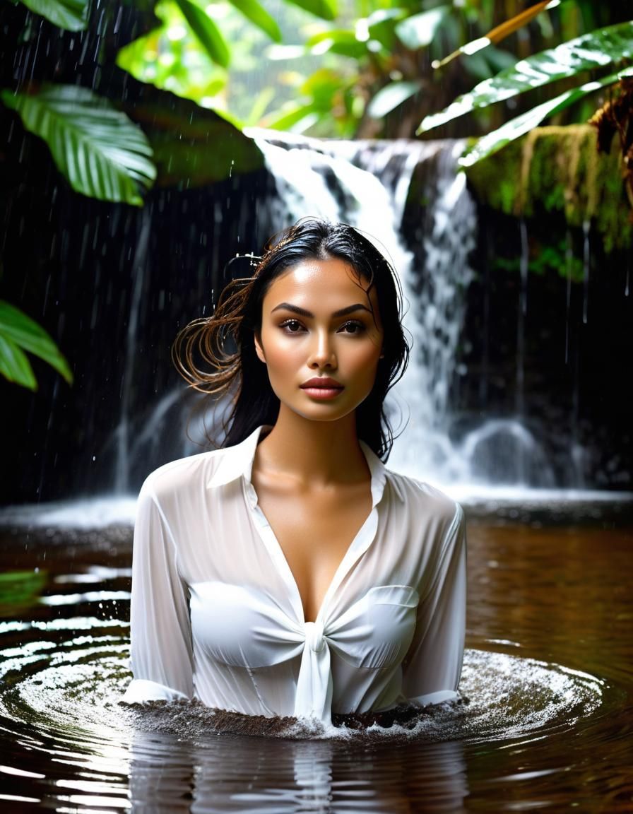 Stunning Indonesian Woman in Tropical Rainforest Pool