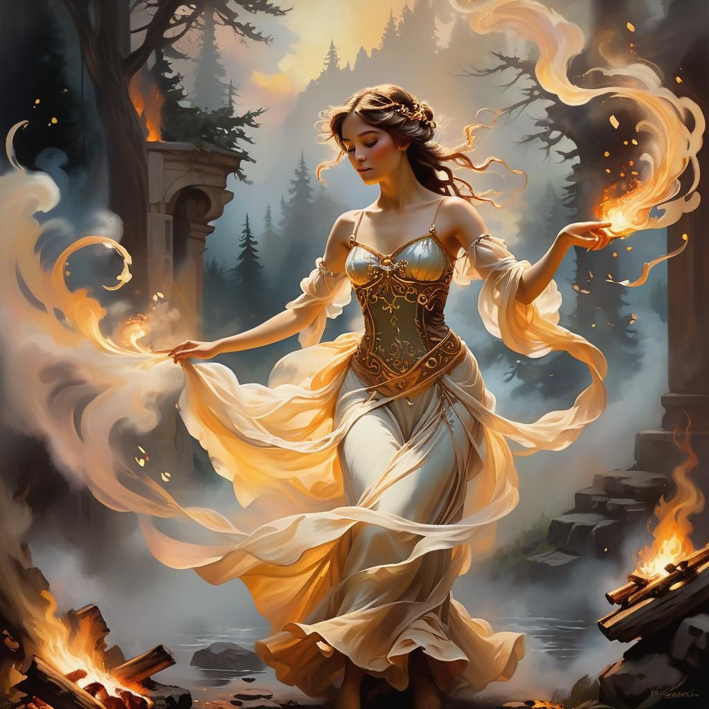 Maiden Dancing with Fire, Fantasy Oil Painting