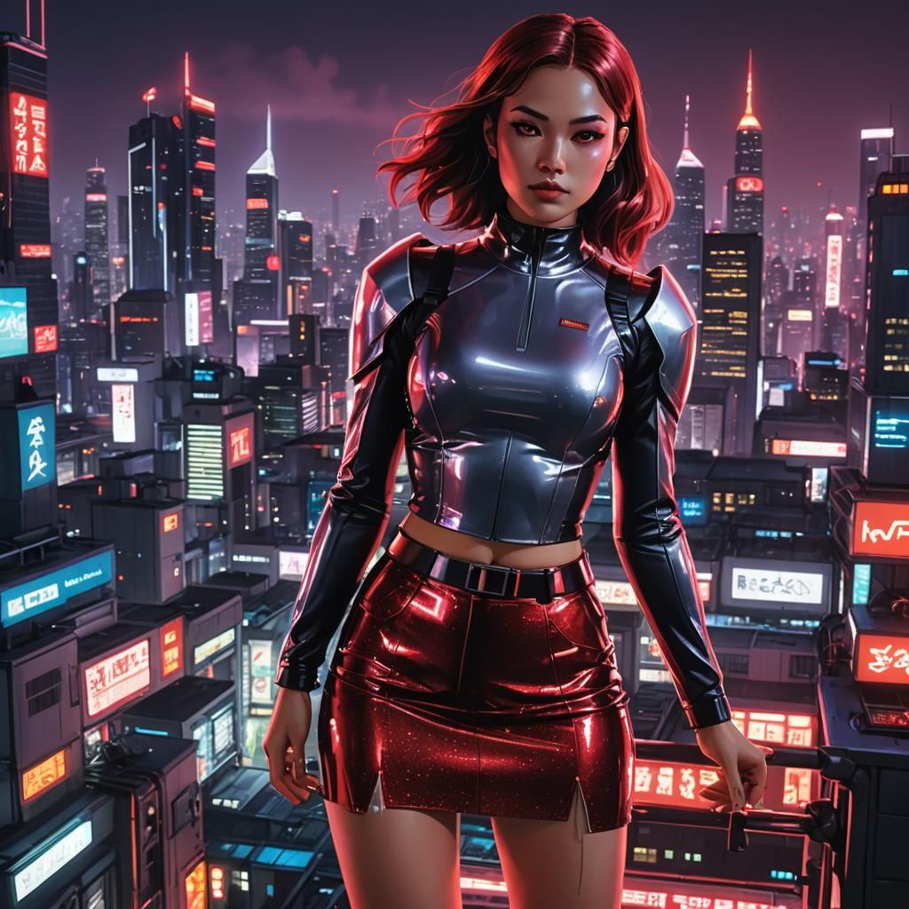 Confident Woman in Red Latex Skirt, Cyberpunk Style