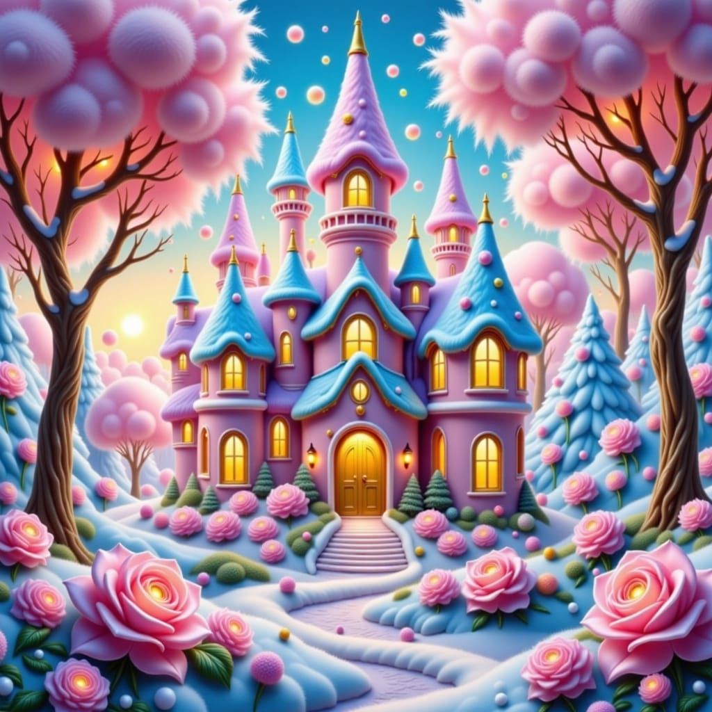 Whimsical Fairytale Castle in Winter Pastel Palette