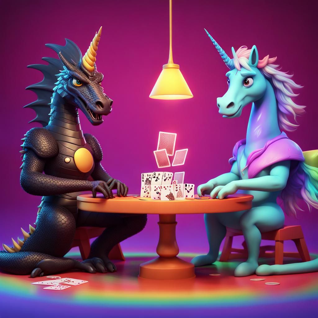 Characters Playing Cards with Dragon and Unicorn