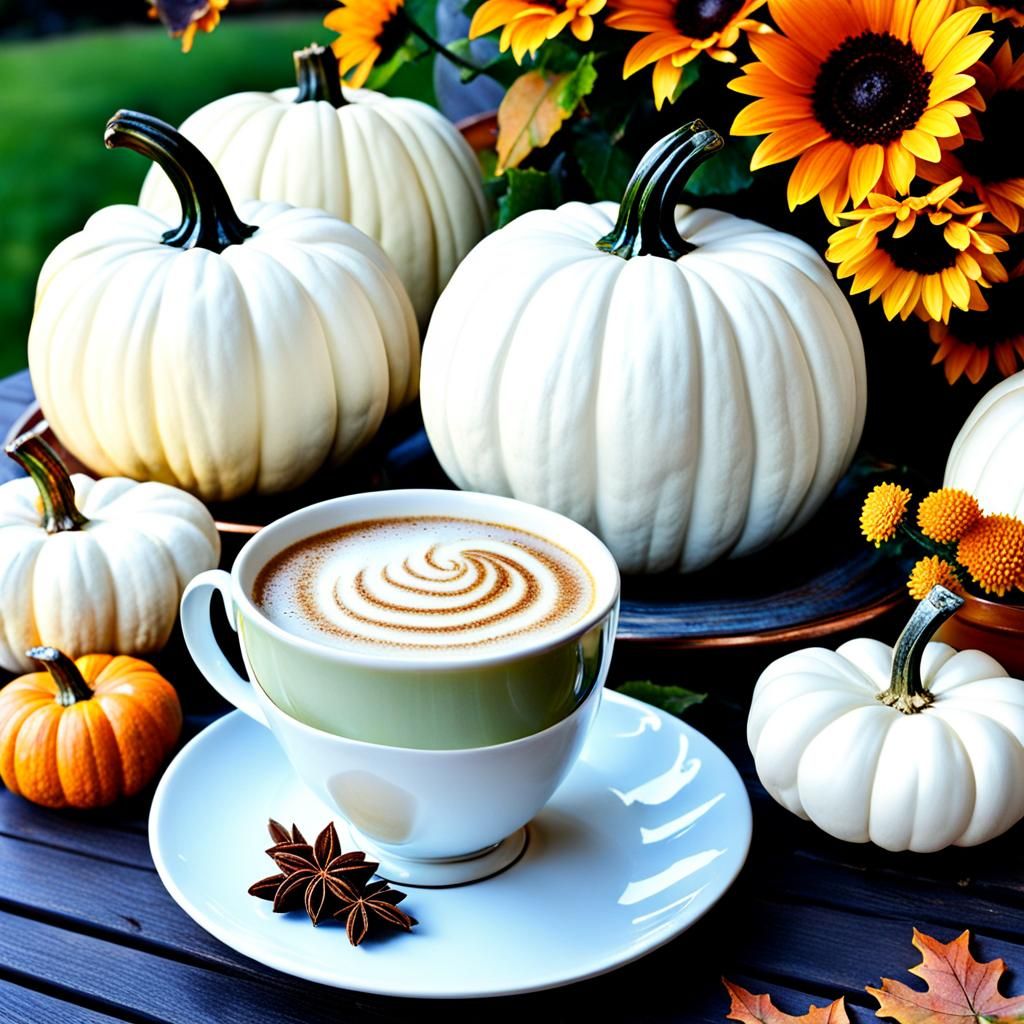 Elegant White Pumpkins and Chai Tea Still Life