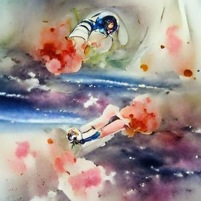 Anime Girl Crying and Flying in Space Watercolor
