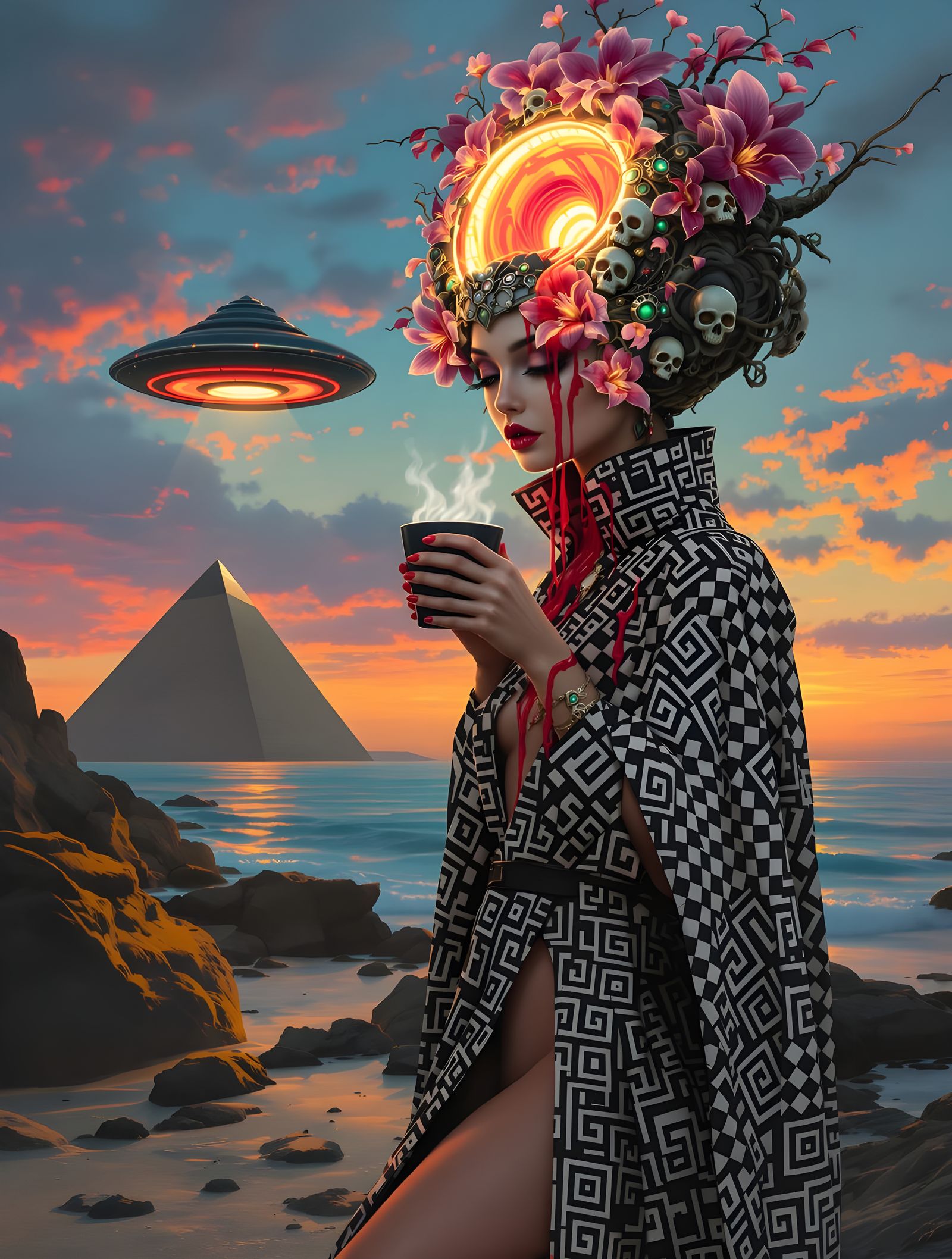 Alien Woman With Coffee And UFO In Retro Acrylic Style