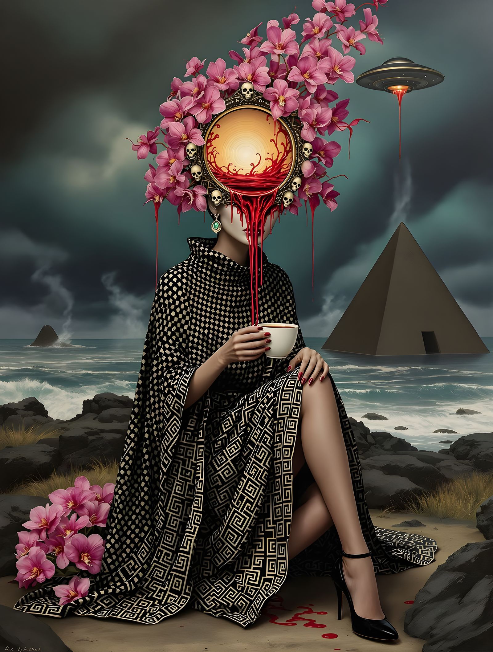 Alien Woman With Coffee in Retro Summer Acrylic Painting