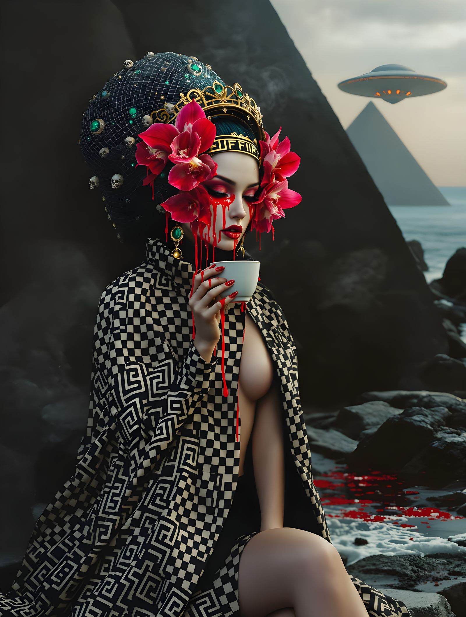 Alien Woman with Coffee in Acrylic Style