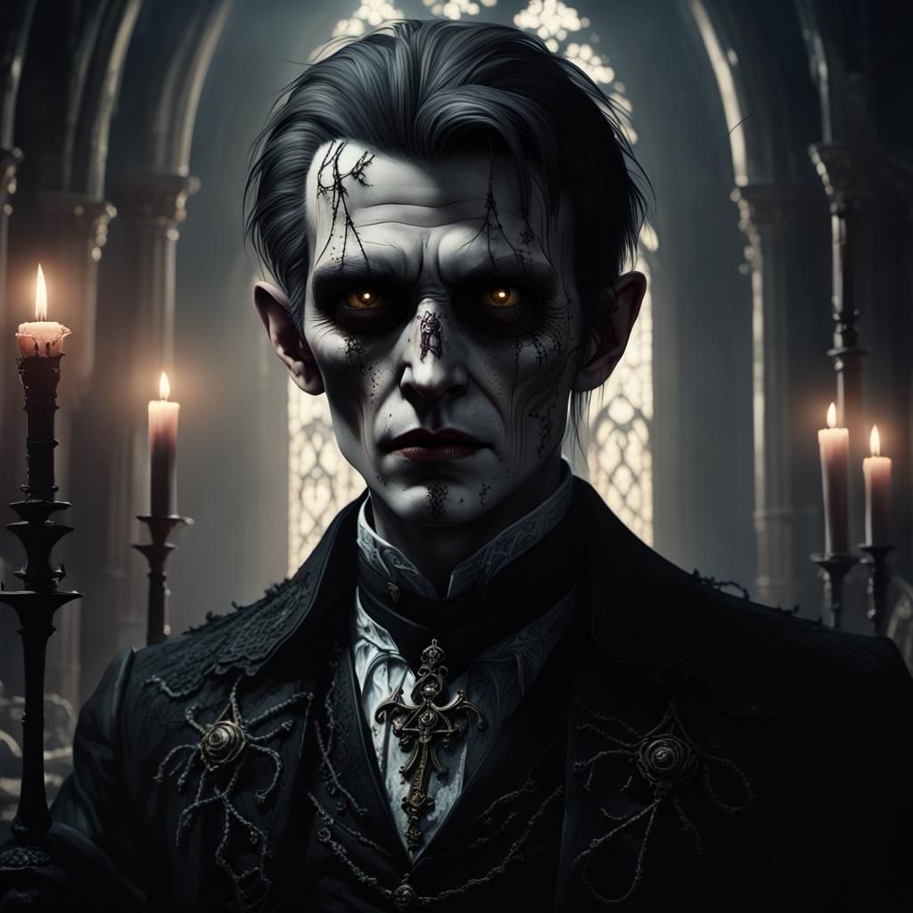 Morbidly Beautiful Vampire in Decaying Cathedral