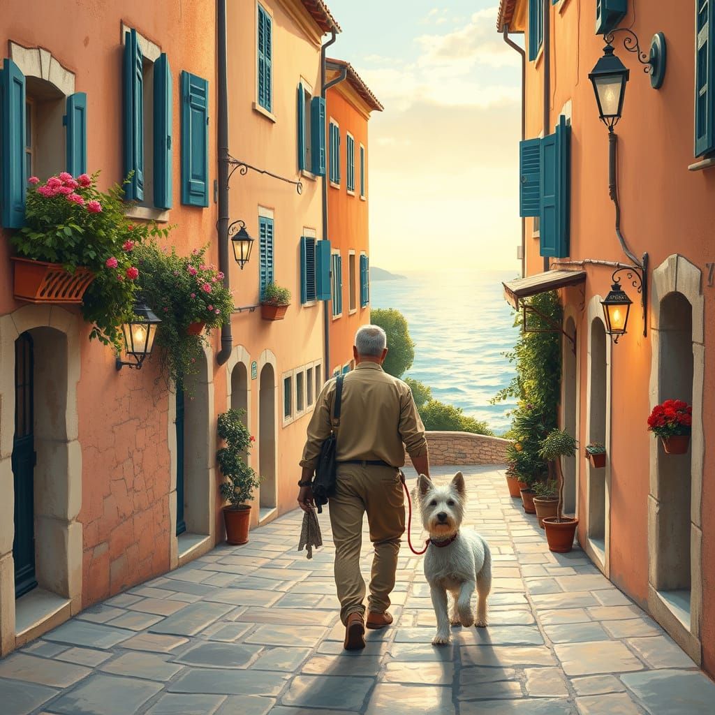 Mediterranean Village at Dusk, Softly Lit by Lanterns