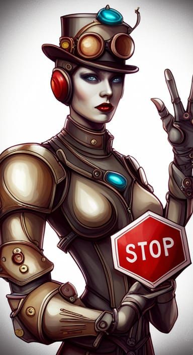 Steampunk Robot Holding a Stop Sign