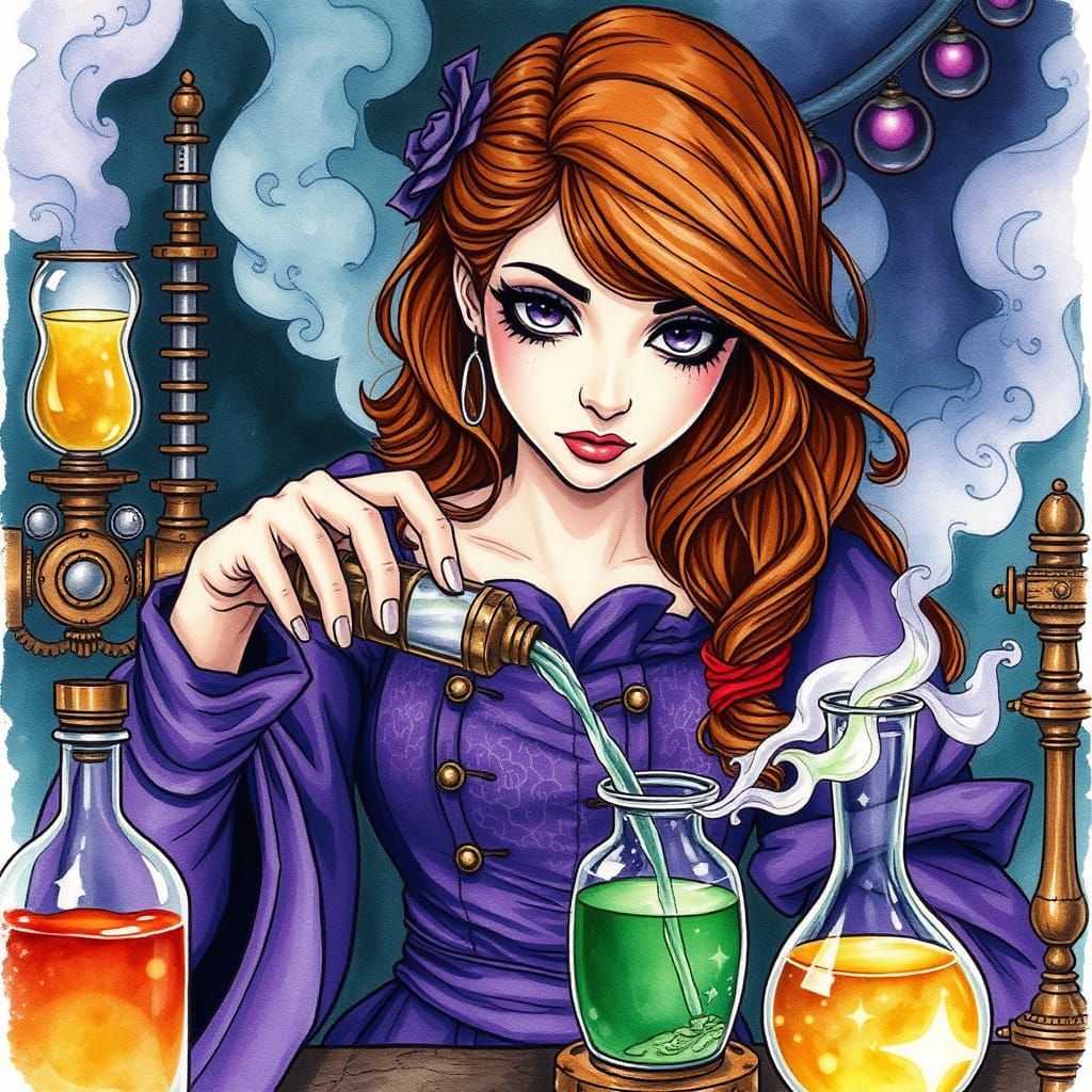 Steampunk Sorceress Mixing Potion in Watercolor Style