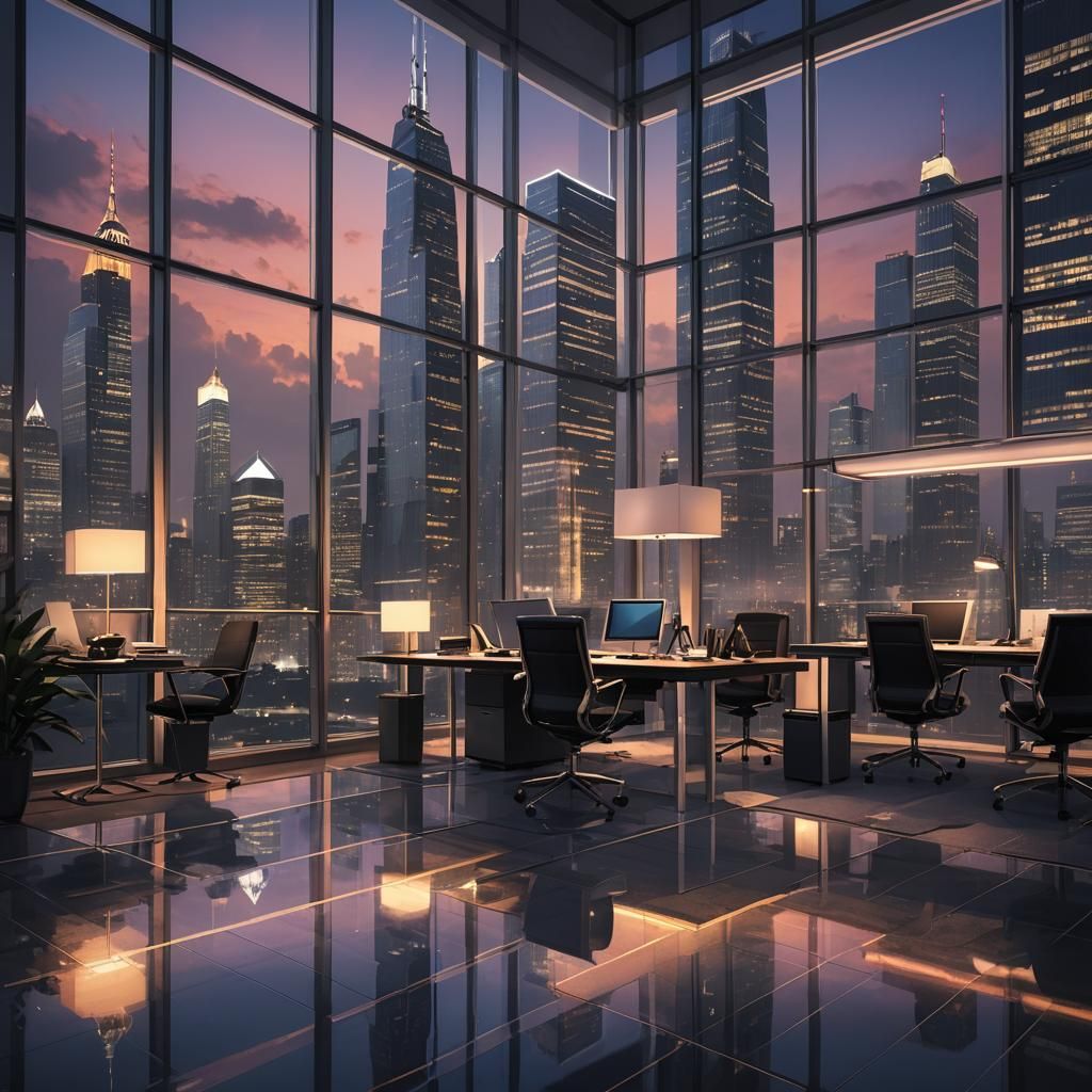 Modern Office with City View at Dusk