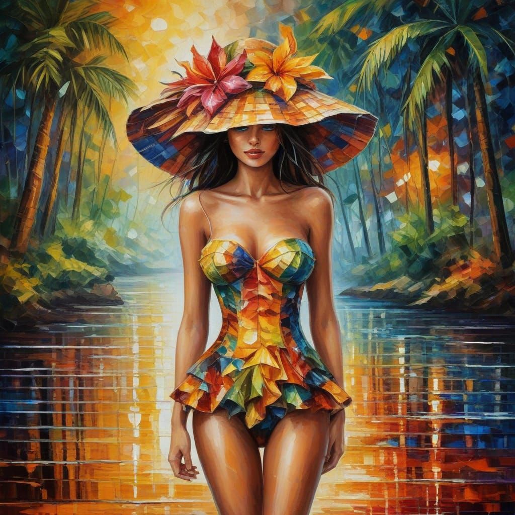 Vibrant Tropical Goddess in Neo-Impressionist Oil Painting S...