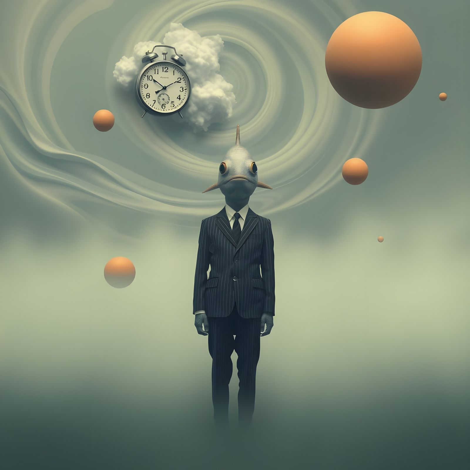 Surrealist Fish-Headed Man in Oceanic Dreamscape