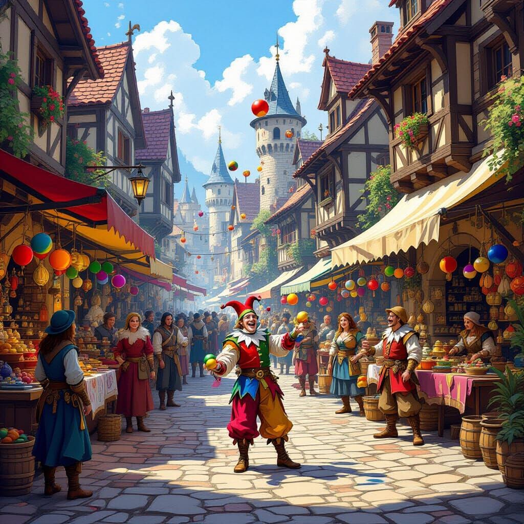 Medieval Marketplace Scene with Jester in Vibrant Illustrati...