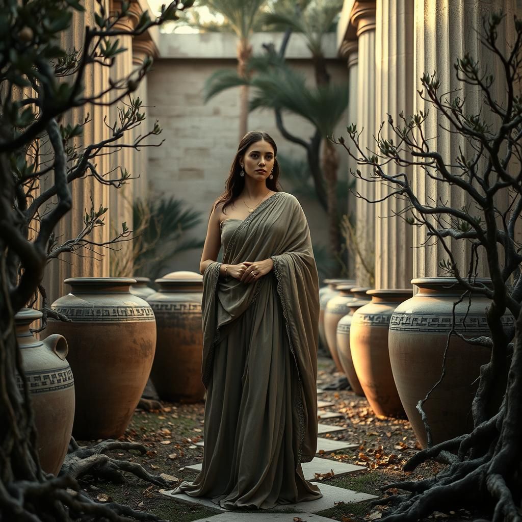 Regal Woman in Temple Garden at Dusk