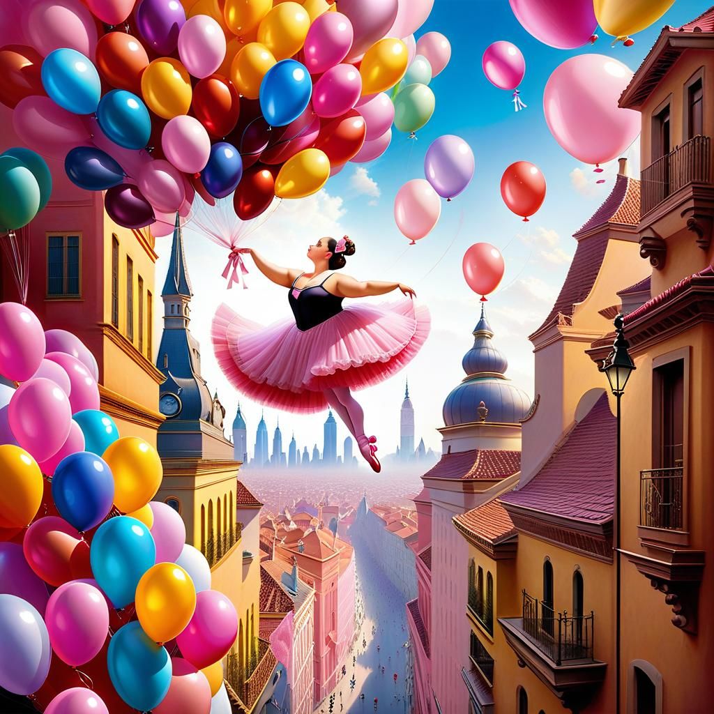 Upside-Down Town with Flying Ballerina, Whimsical Art