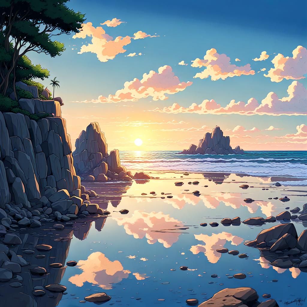 Sunset Beach Scene in Studio Ghibli Style