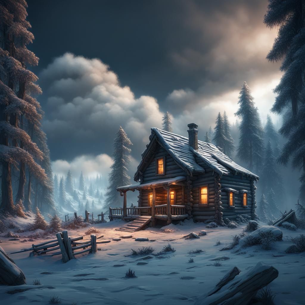 Winter Cabin in Forest: Detailed Matte Painting