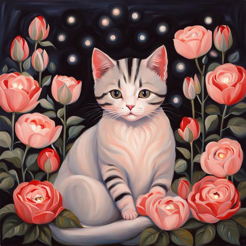 Cute Cat Surrounded by Flowers and Lights