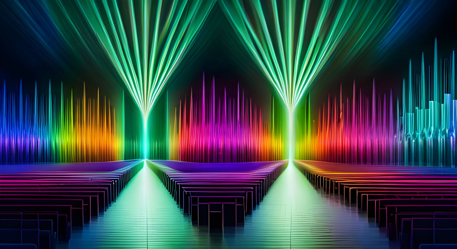 Neon Spectrogram Choir in Absurdist Architecture
