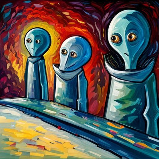 Gray Aliens Descending Spaceship Ramp in Expressionist Style