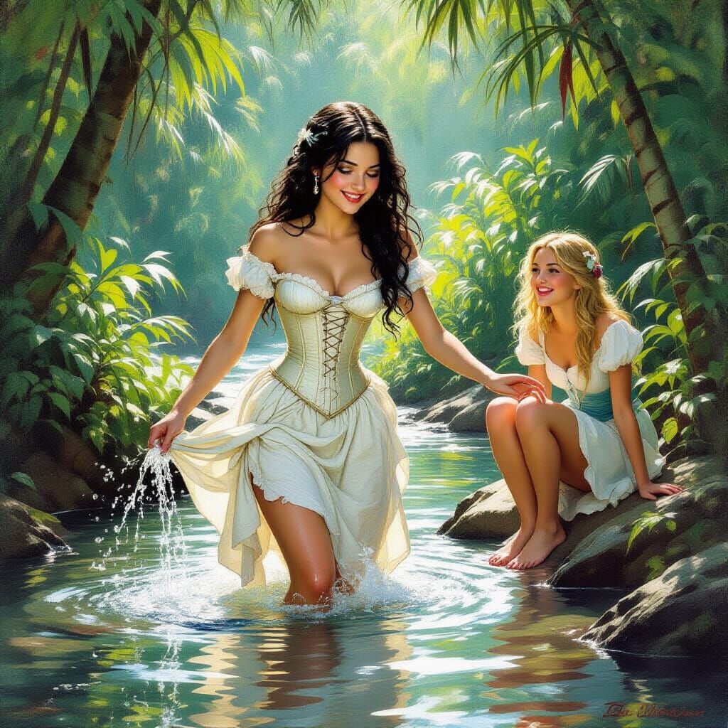 Impressionistic Jungle River Scene with Young Women