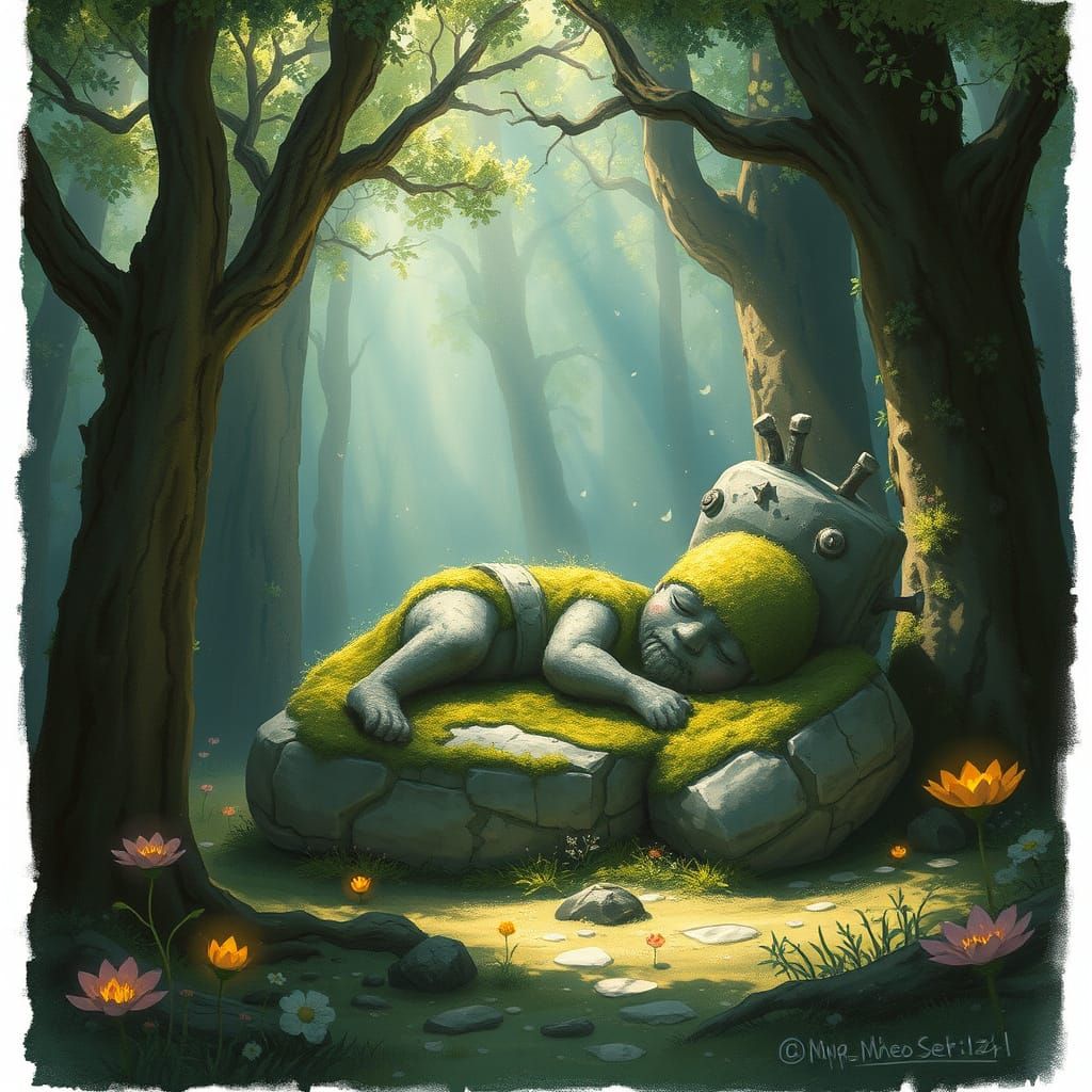 Moss Golem Slumbering in Enchanted Forest