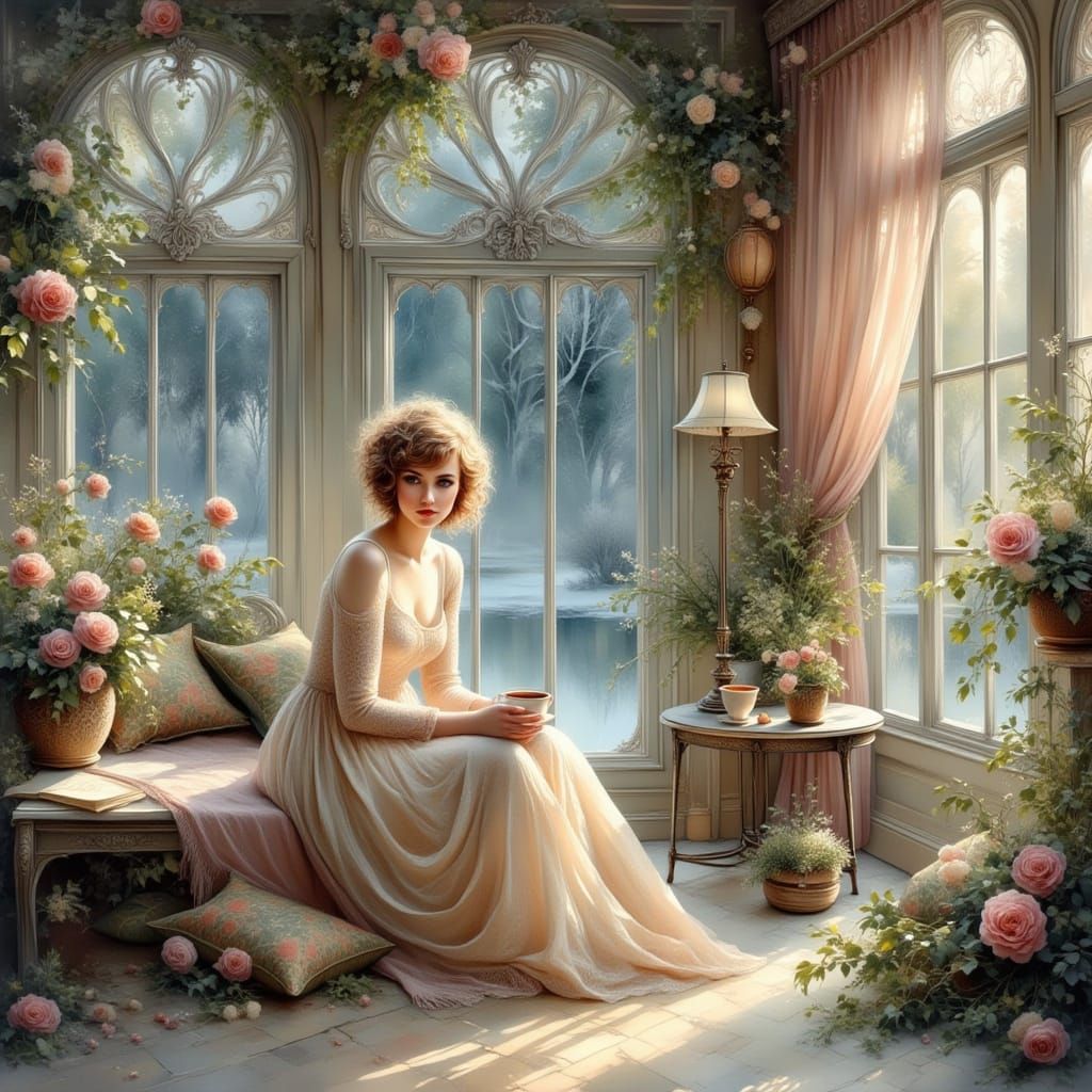 Woman in Winter Garden: Art Nouveau Style