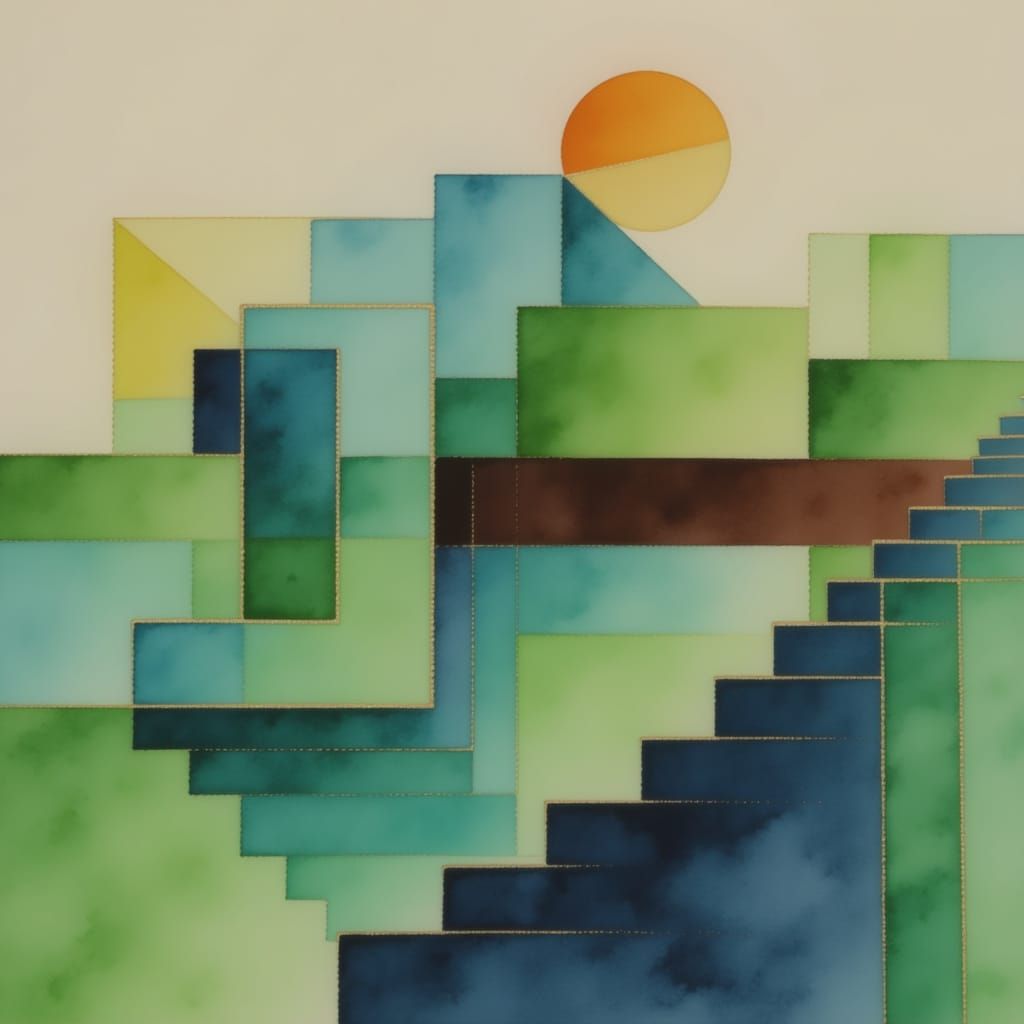 Surreal Geometric Steps in Expressive Watercolor Style