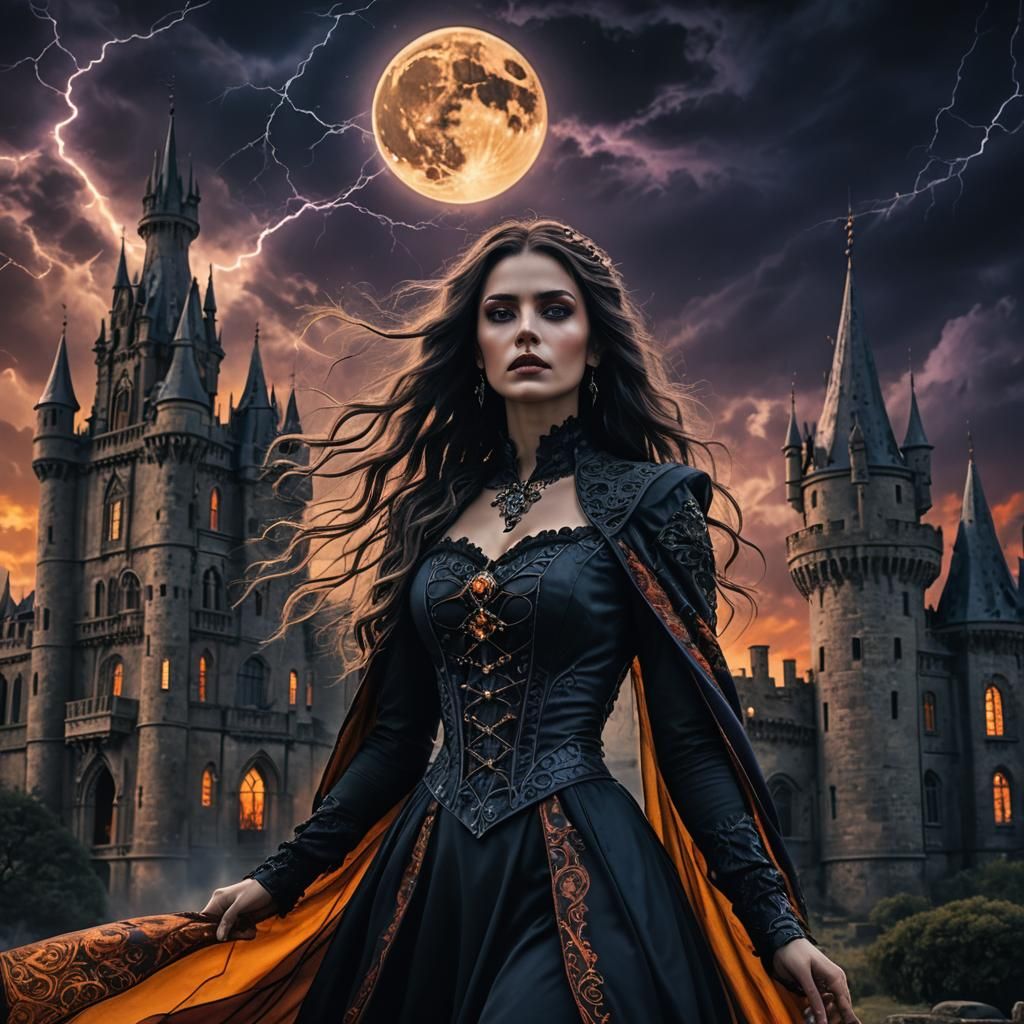 Gothic Woman Before Castle in Dark Fantasy Style