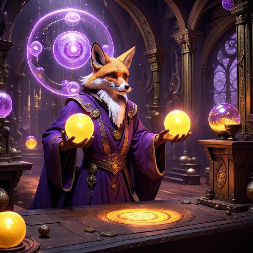 Elder Fox Gathering Energy Orbs: Dark Fantasy Art