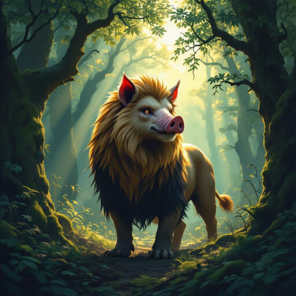 Mythical Pig-Lion Hybrid in German Forest Twilight