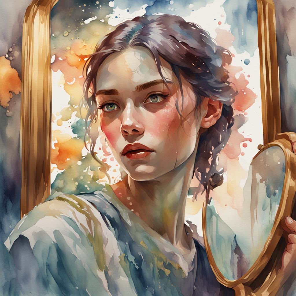 Watercolor Portrait: Girl and Her Reflection