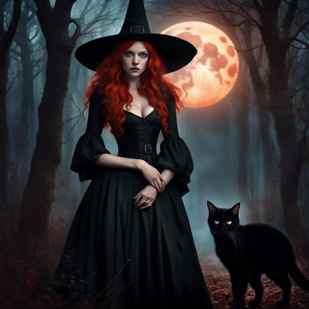 Red-Haired Witch in Dark Woods with Calico Cat