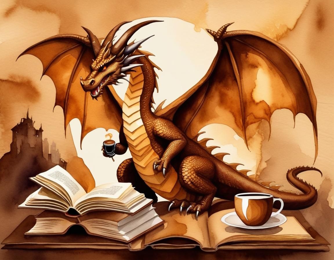 Coffee stain watercolor of a dragon drinking coffee and read...