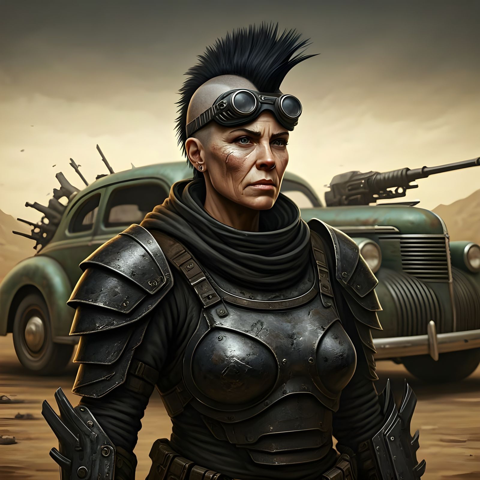 Post-Apocalyptic Warrior Woman With Armored Car