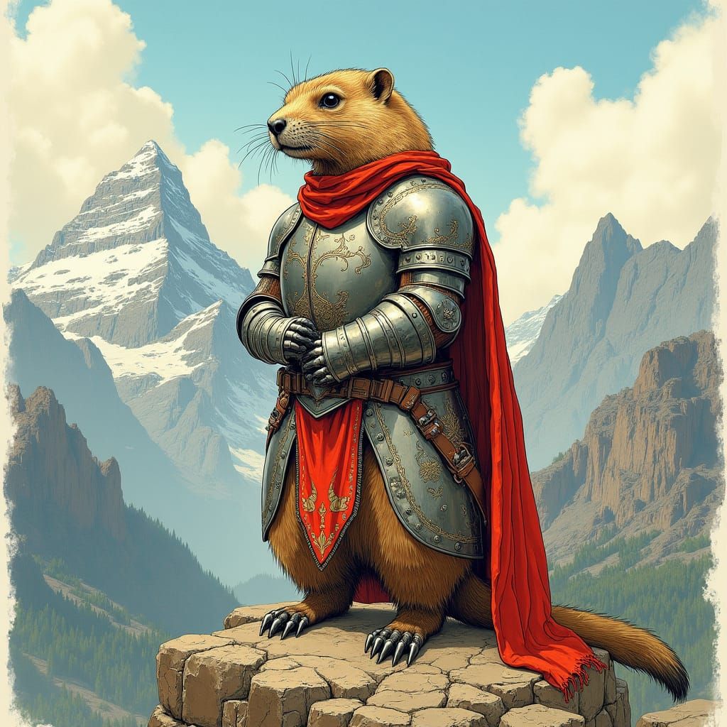 Marmot Knight in Medieval Armor, Folk Art Style