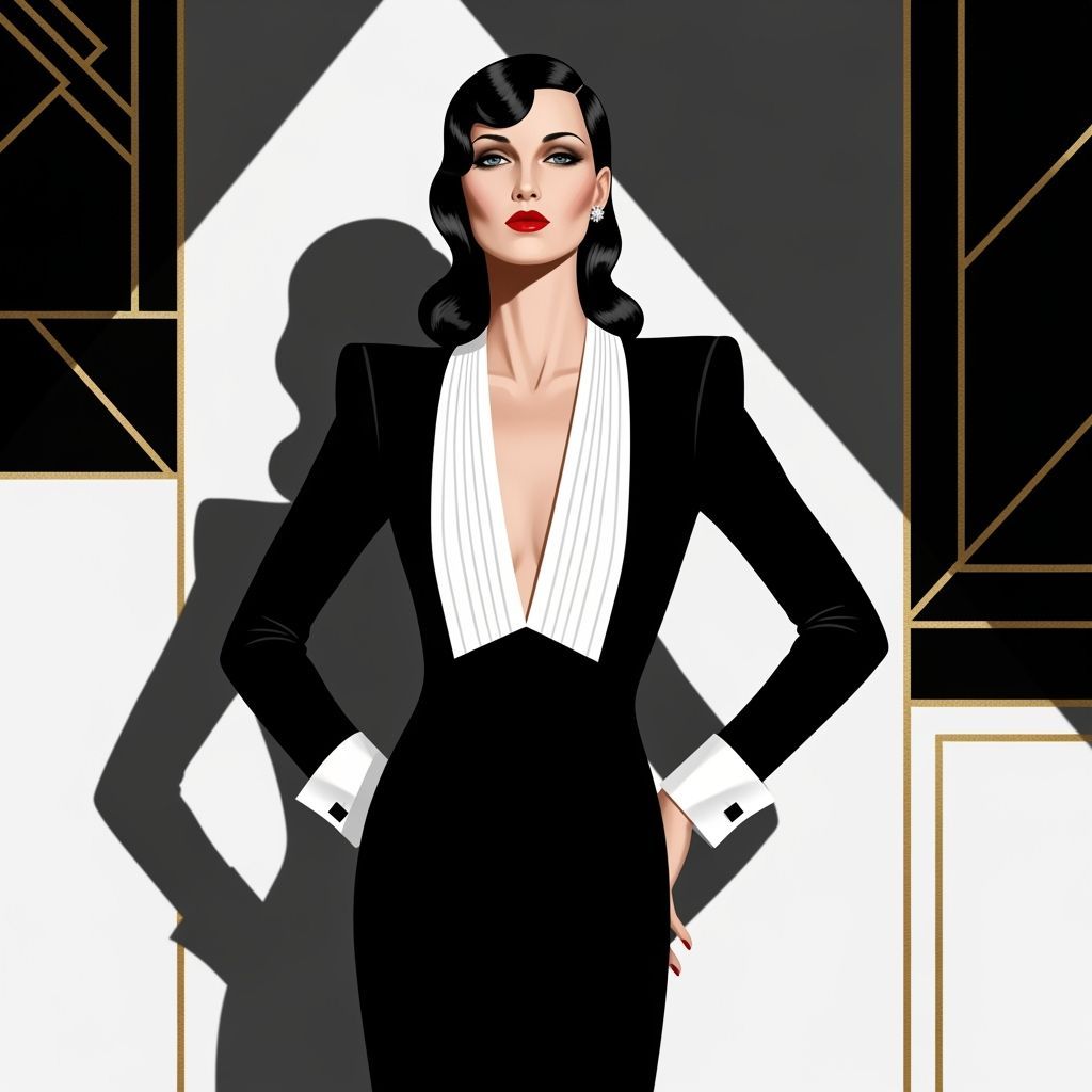 Art Deco Woman in Black Dress with White Accents
