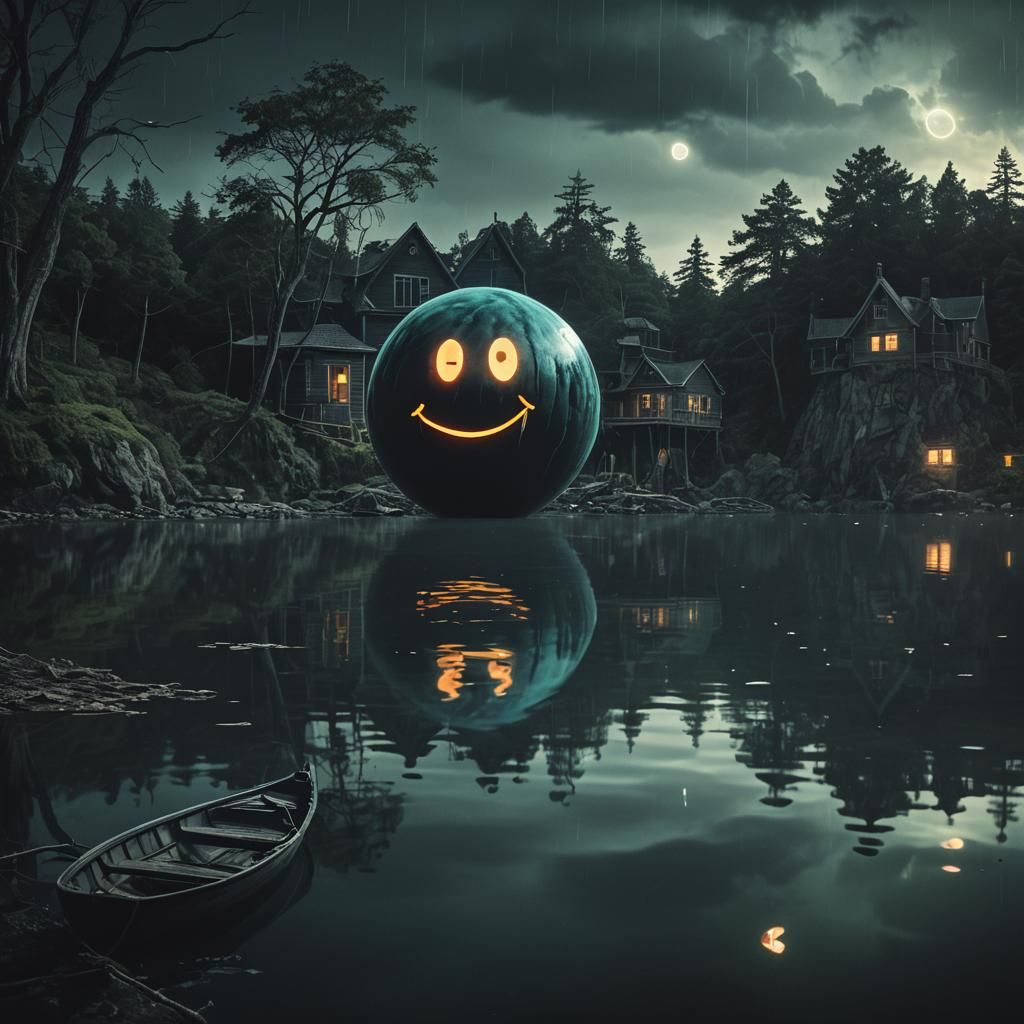 Neon Smiley Face Haunts Island in Dark Surrealism
