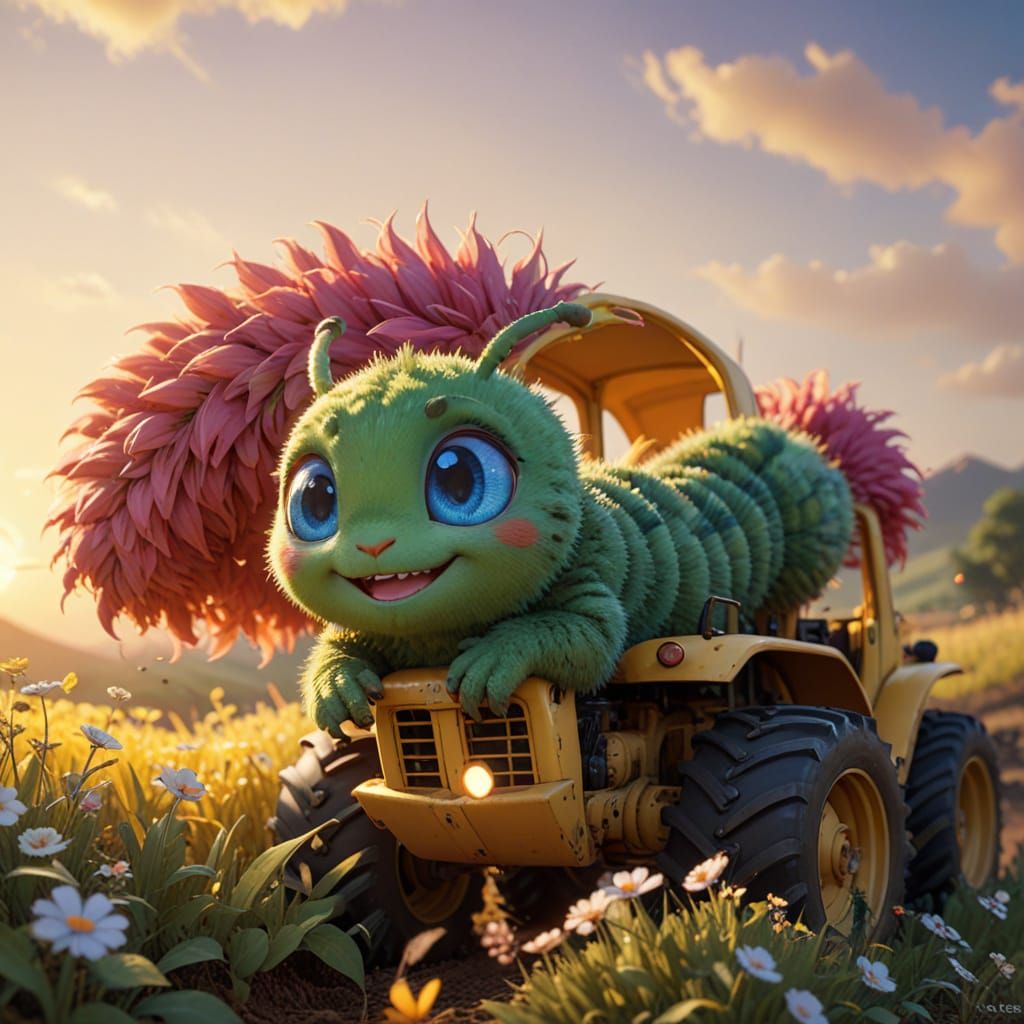 Happy Caterpillar Driving a Tractor in Anime Style