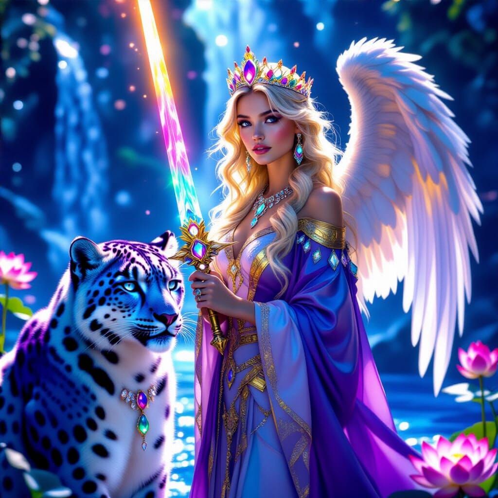 Angel with Gemstone Crown and Jewel Sword in Cosmic Paradise