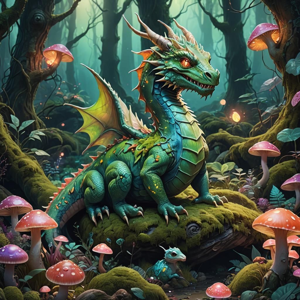 Dragon Rides Snail in Mystical Forest: Digital Art