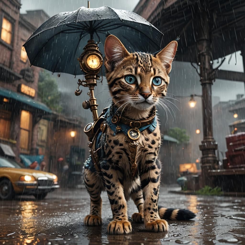 Steampunk Savannah Kitten in Rain, Detailed Digital Art