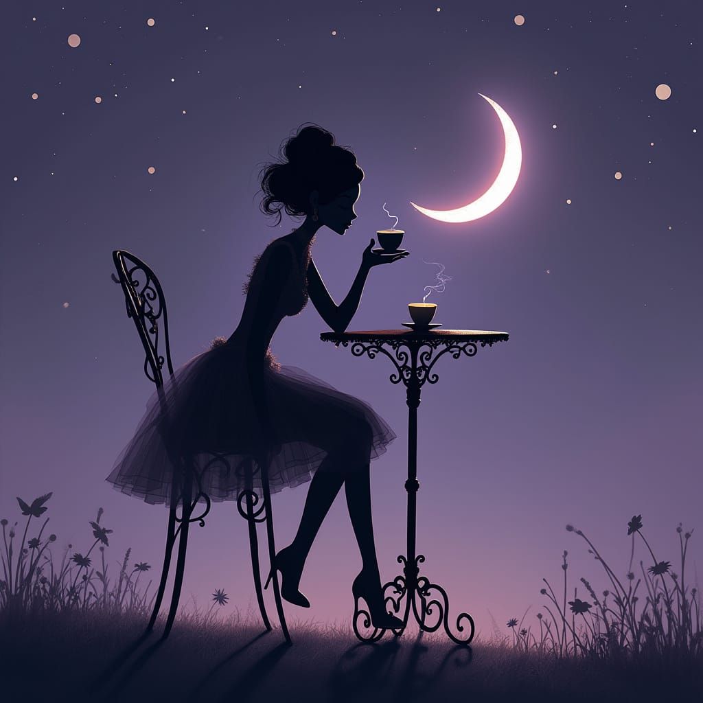 Celestial Tea Party: Silhouette in Night Sky