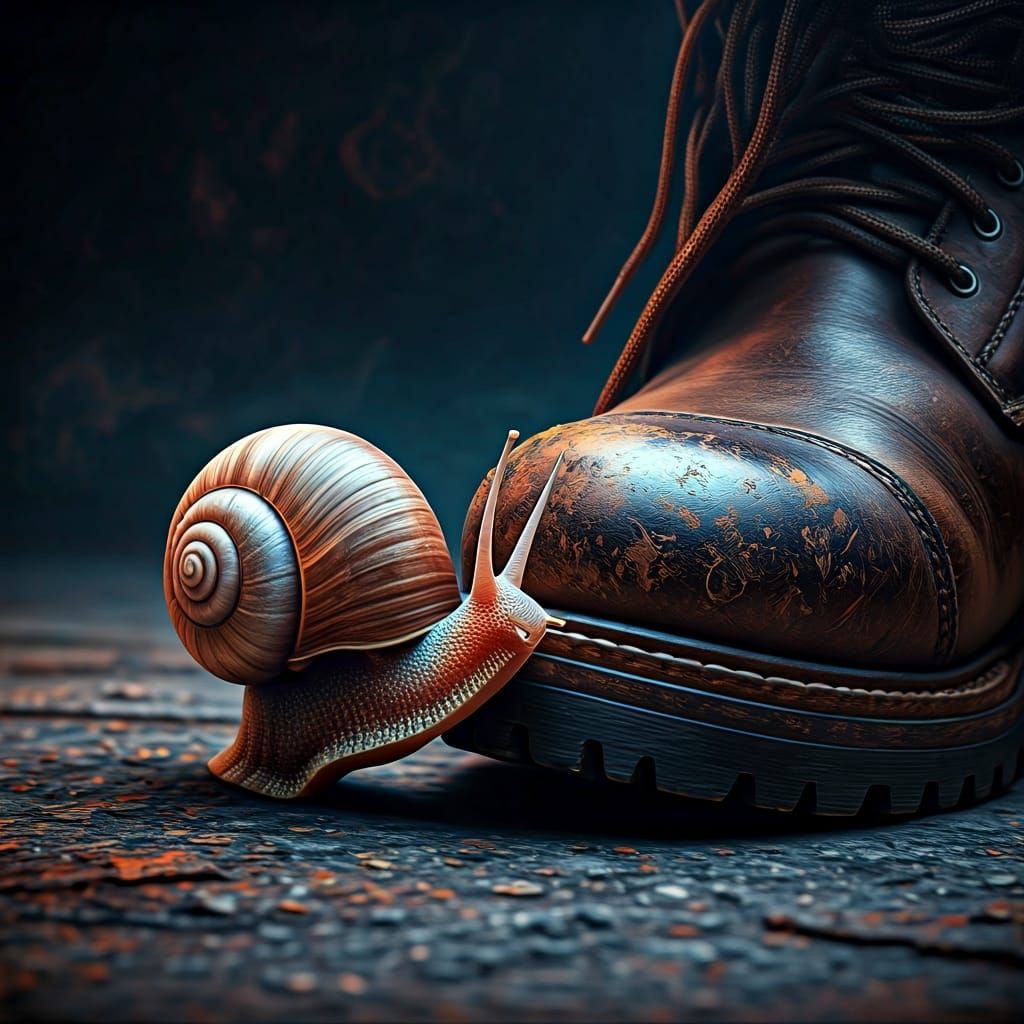 Snail Investigates Boot: Hyperrealistic Detailed Image