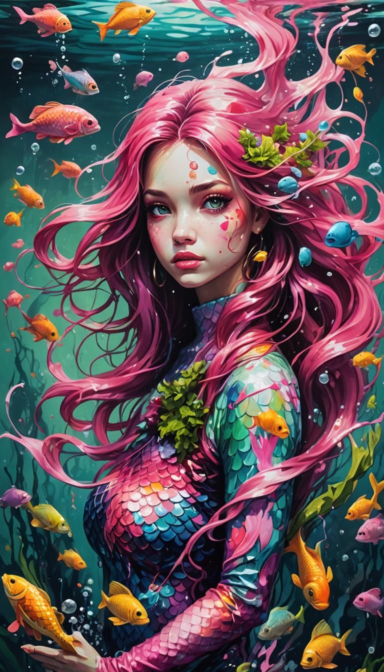 Colorful Mermaid Underwater: Graffiti Art Style