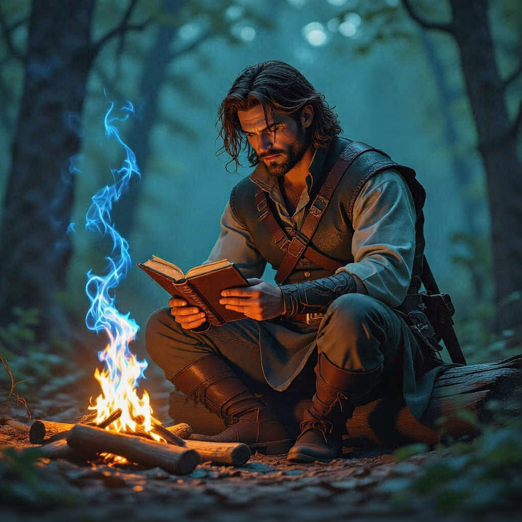 Wayfarer Conjures Blue Fire in Woodland Clearing
