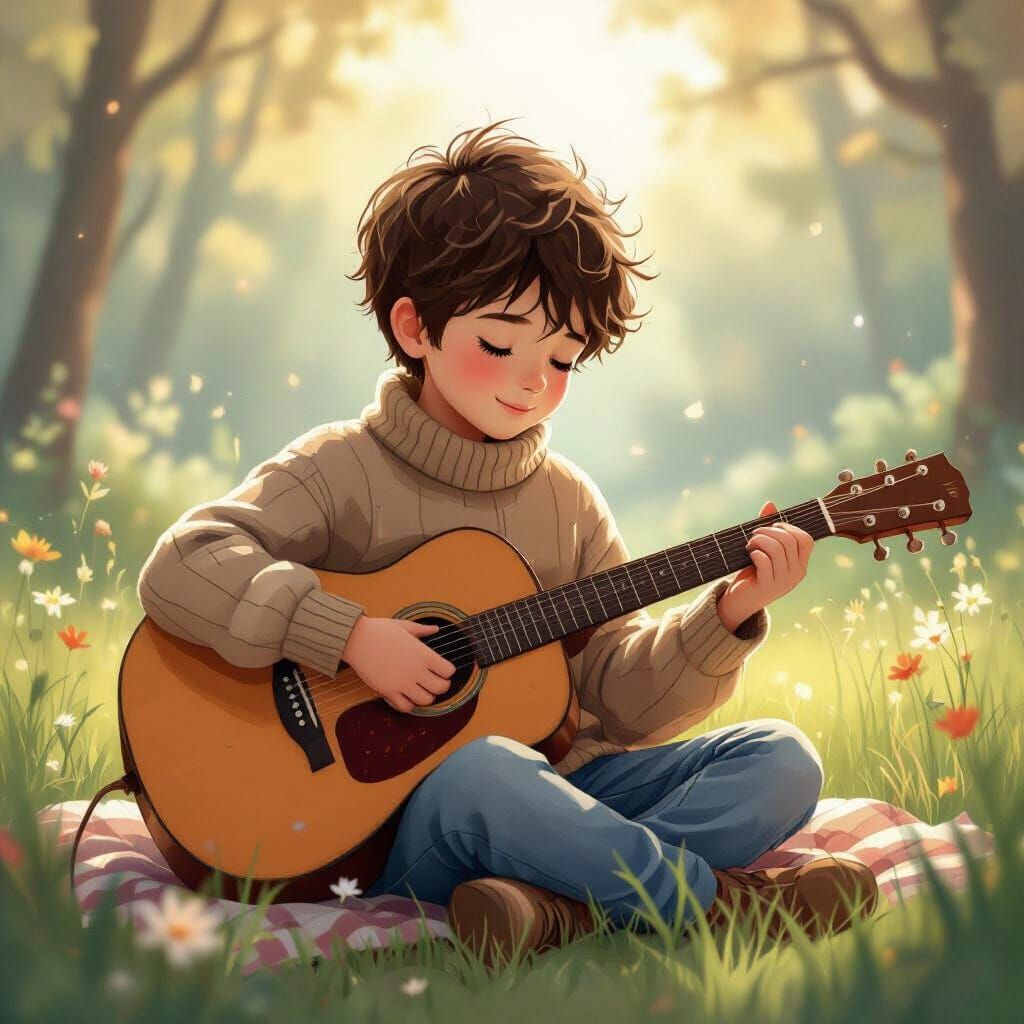 Boy Strumming Guitar in Whimsical Style