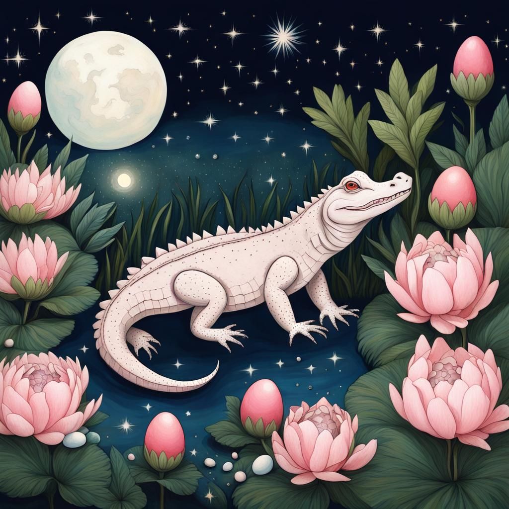 Alligator in Moonlight Jungle with Peonies